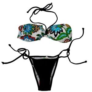 Agua Doce Womens Floral Bandeau Halter Bikini Set Black Side Tie Small NEW